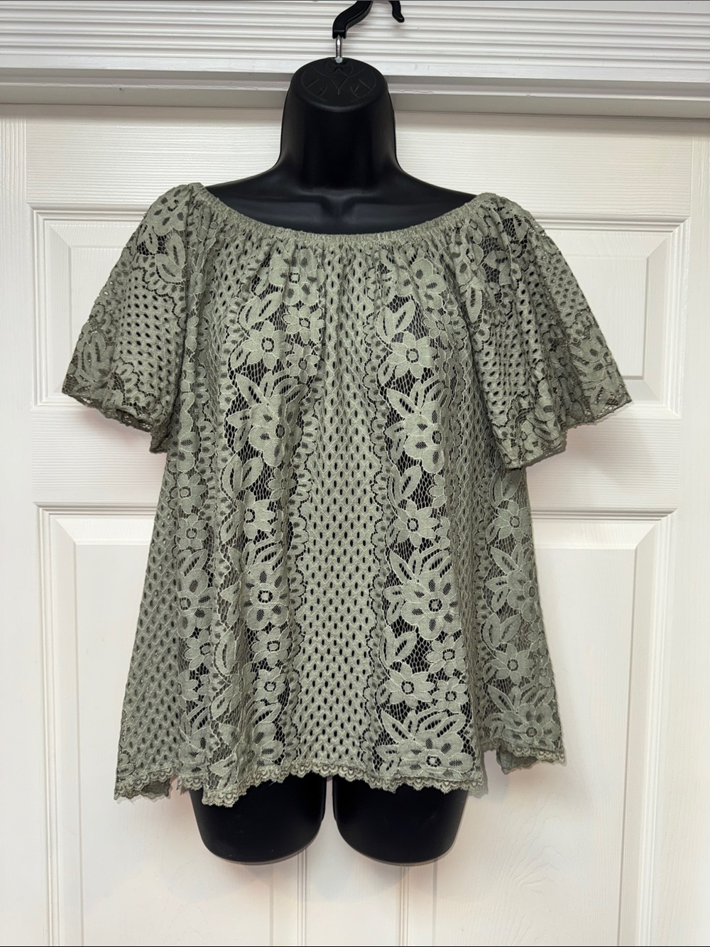 Sandro Ferrone Lace Off-Shoulder Top in Sage Green